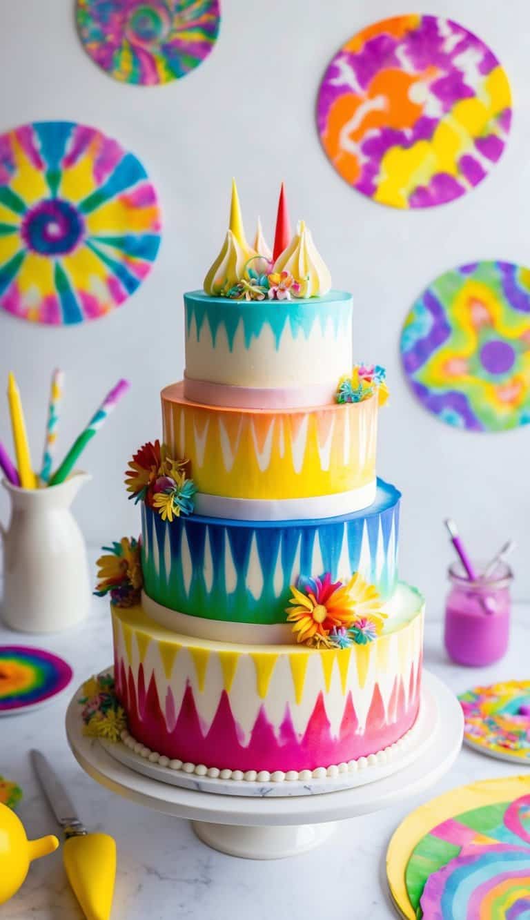 A colorful tie-dye cake surrounded by festive decorations and groovy patterns