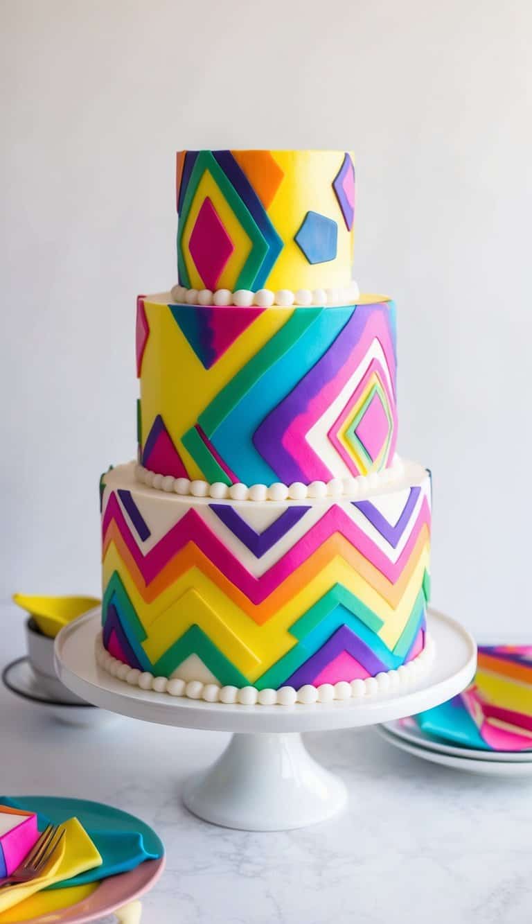 A colorful cake adorned with vibrant tie-dye patterns and funky geometric shapes, creating a retro-inspired design