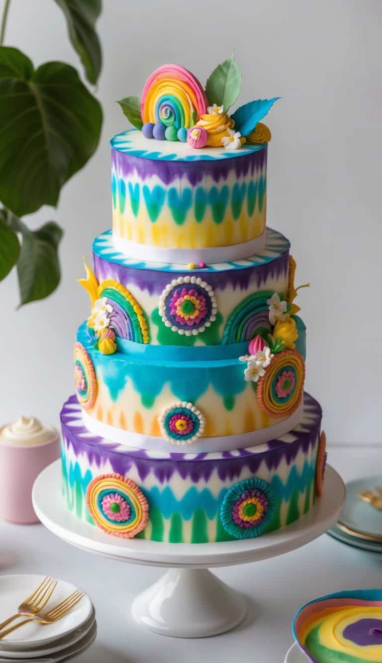 A colorful, tie-dye cake adorned with psychedelic patterns and groovy designs, evoking a retro-inspired Alice in Wonderland theme