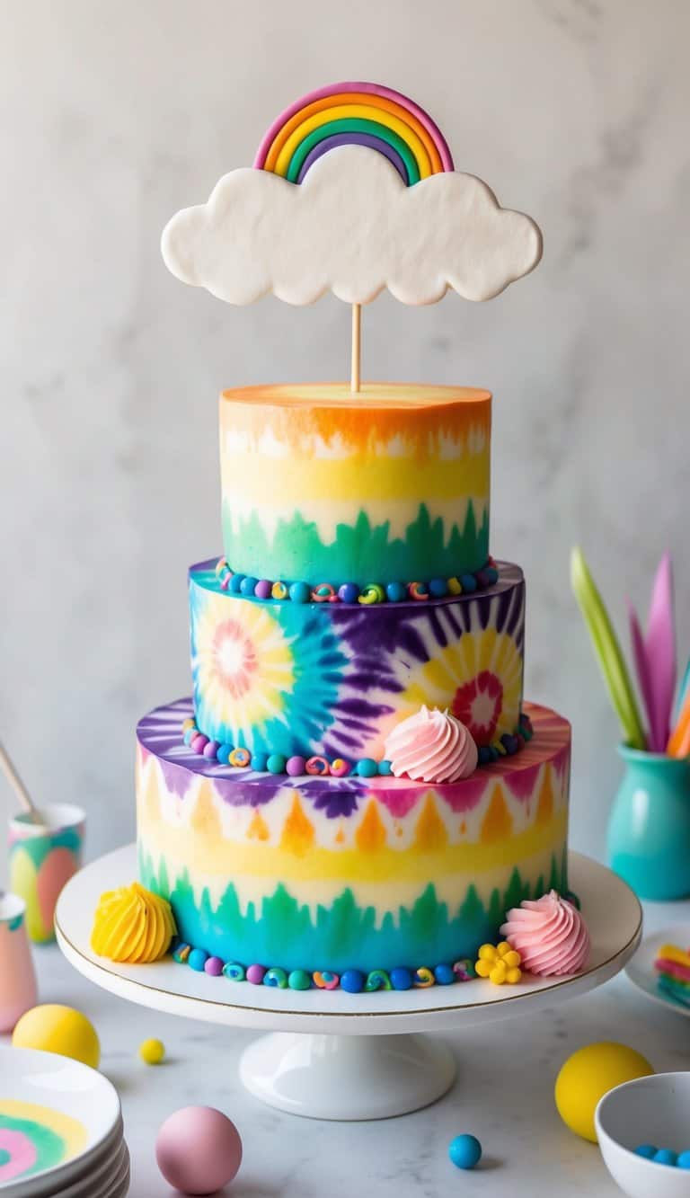 A colorful, tie-dye cake with a whimsical cloud topper surrounded by groovy patterns and vibrant colors