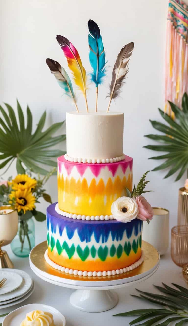 A colorful tie-dye cake adorned with bohemian feather cake toppers, surrounded by retro-inspired decor