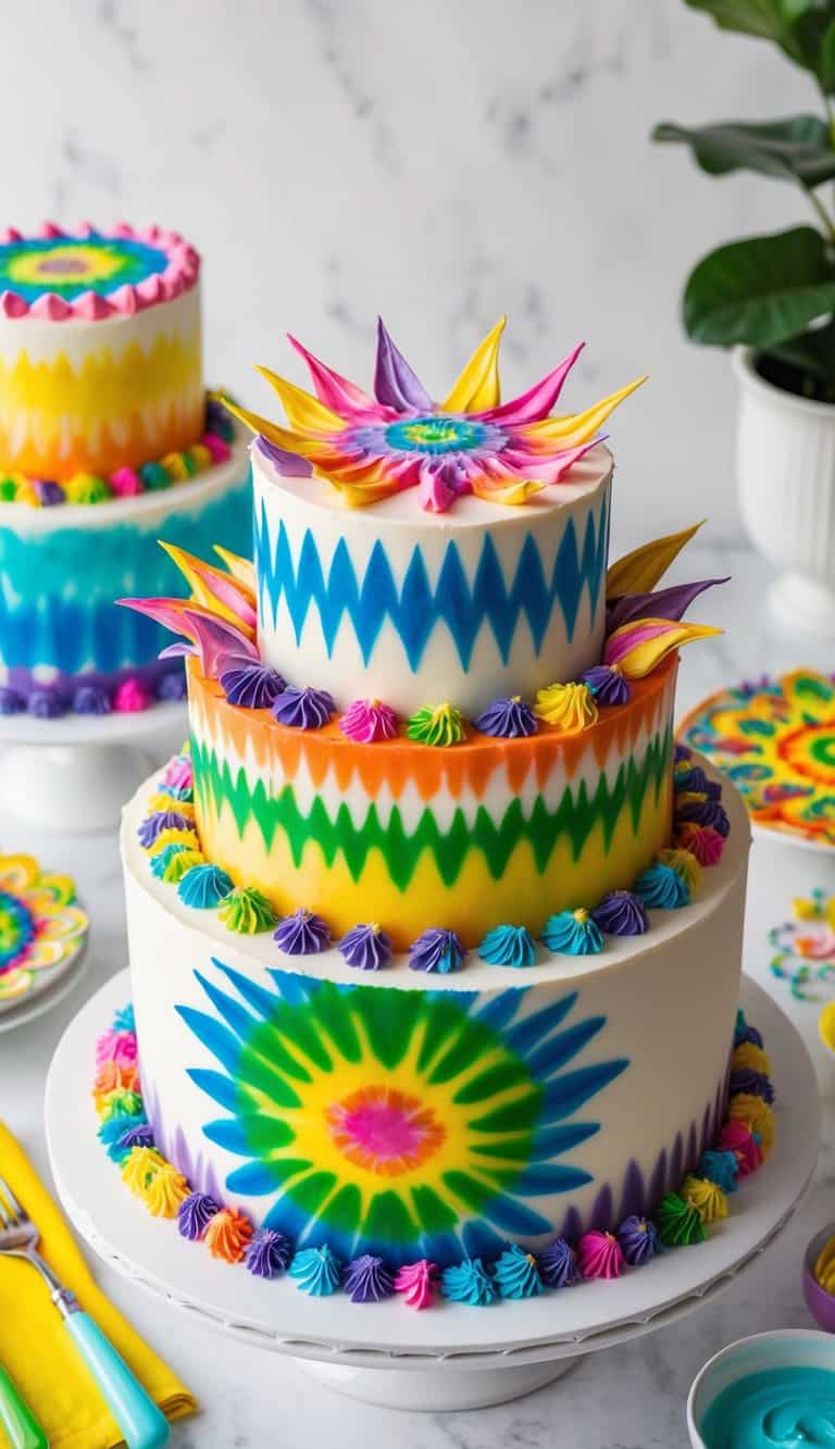 A colorful starburst cake with tie-dye patterns surrounded by vibrant decorations and groovy designs