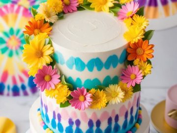 A two-tiered cake decorated with blue, purple, and pink tie-dye patterns, edged with yellow, pink, and orange daisy flowers. The cake is set against a background of colorful tie-dye patterns.