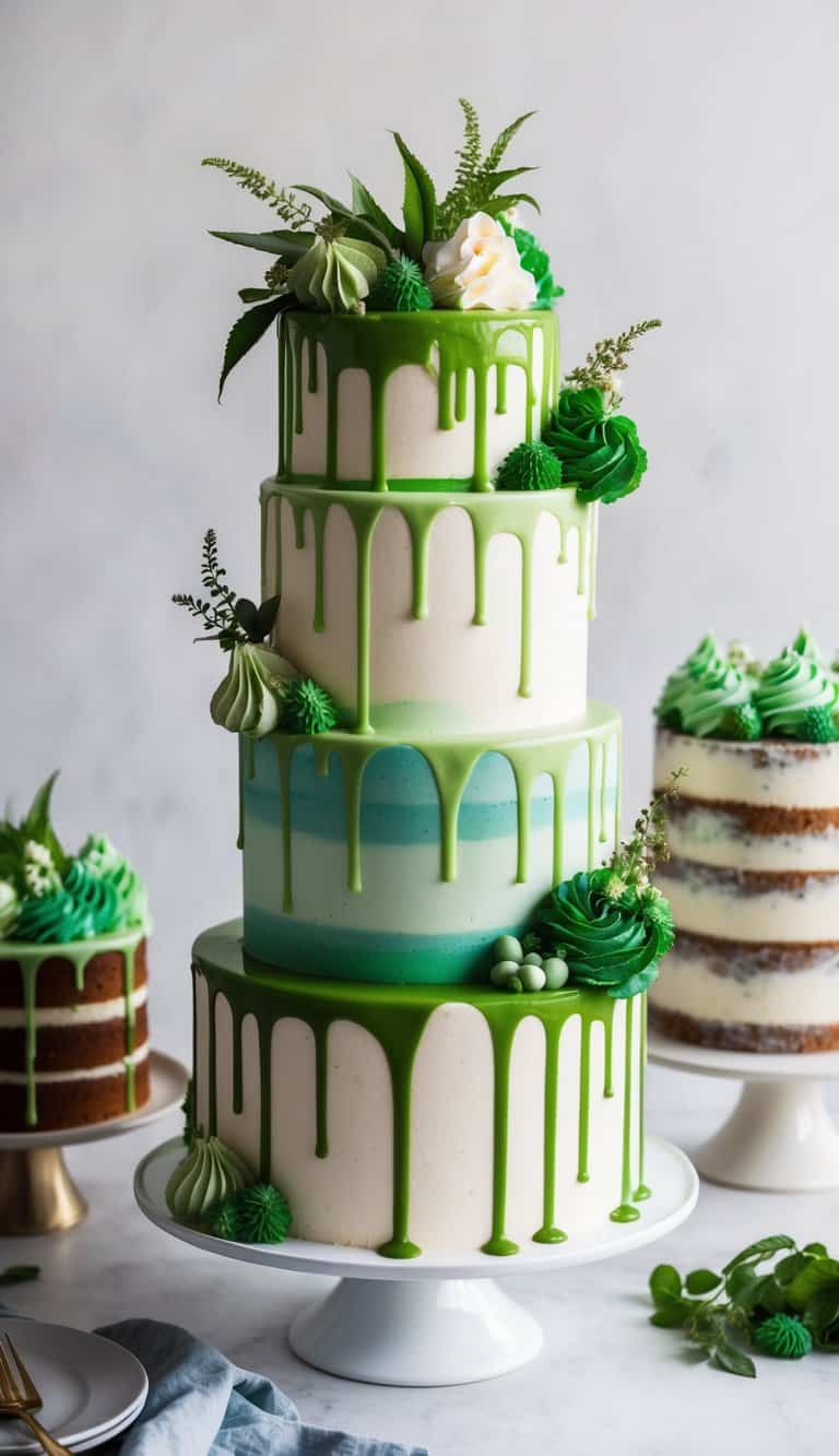 A vibrant green chai tea drizzle cascading over an assortment of cakes adorned with various shades of green frosting and decorative elements