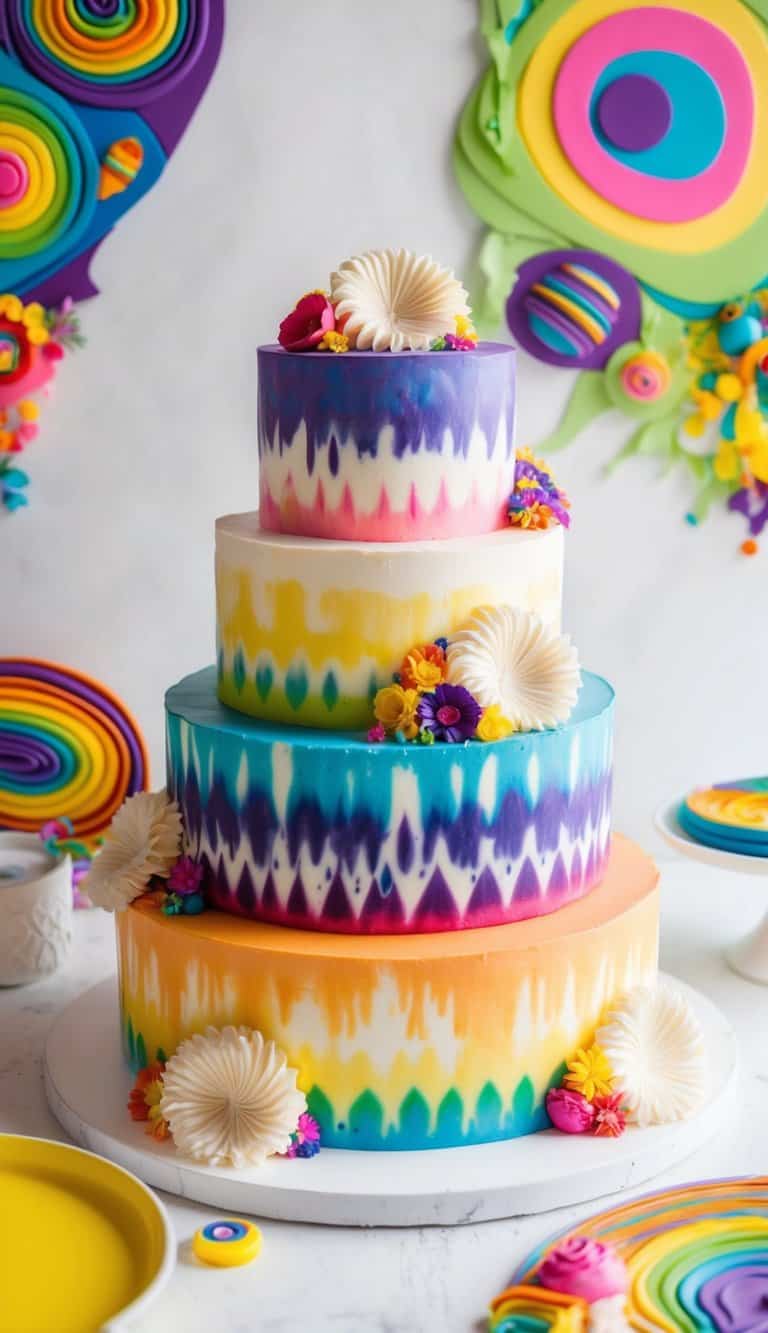 A colorful tie-dye cake with swirling patterns and vibrant colors, surrounded by psychedelic decorations and retro-inspired elements