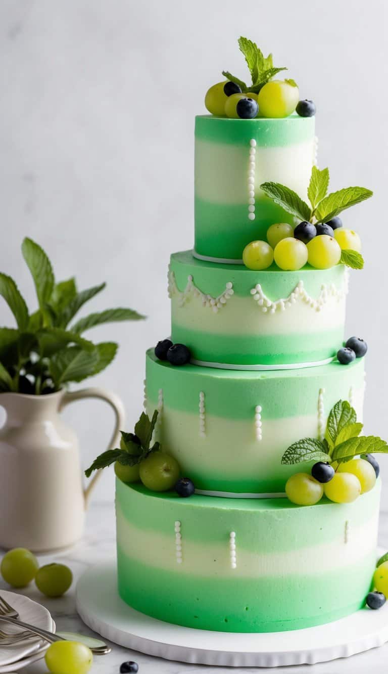 A vibrant green cake adorned with gooseberries and mint leaves, exuding a refreshing and cool atmosphere