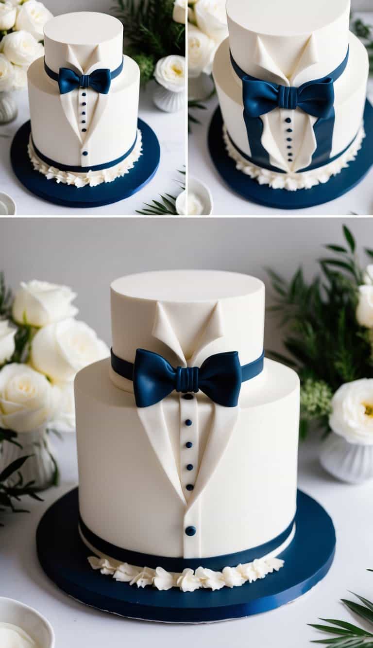 A groom's cake adorned with a sleek tuxedo design and elegant bowtie, surrounded by sophisticated and masculine accents
