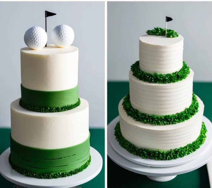 A tiered cake decorated with green detailing and topped with golf balls, alongside other similarly themed cakes, displayed on a table set with plates and cutlery. The background features a scenic view of a golf course.