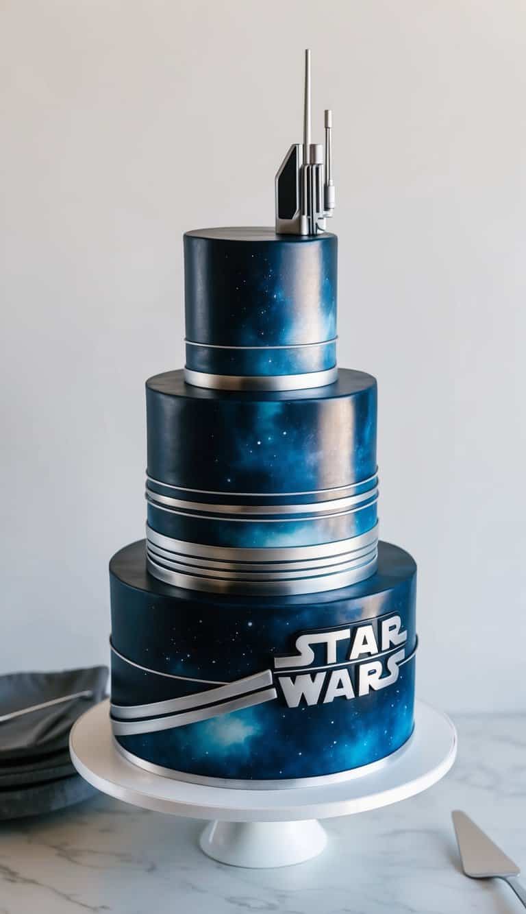 A sleek and modern Star Wars-themed groom cake with clean lines and metallic accents, featuring iconic galaxy elements and sleek, futuristic design