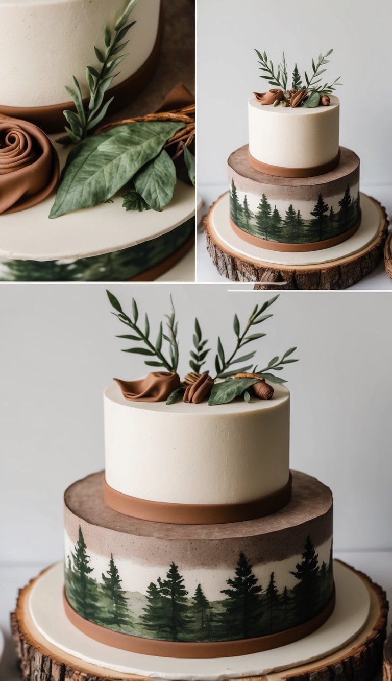 A rustic outdoorsman cake with woodland elements and masculine details