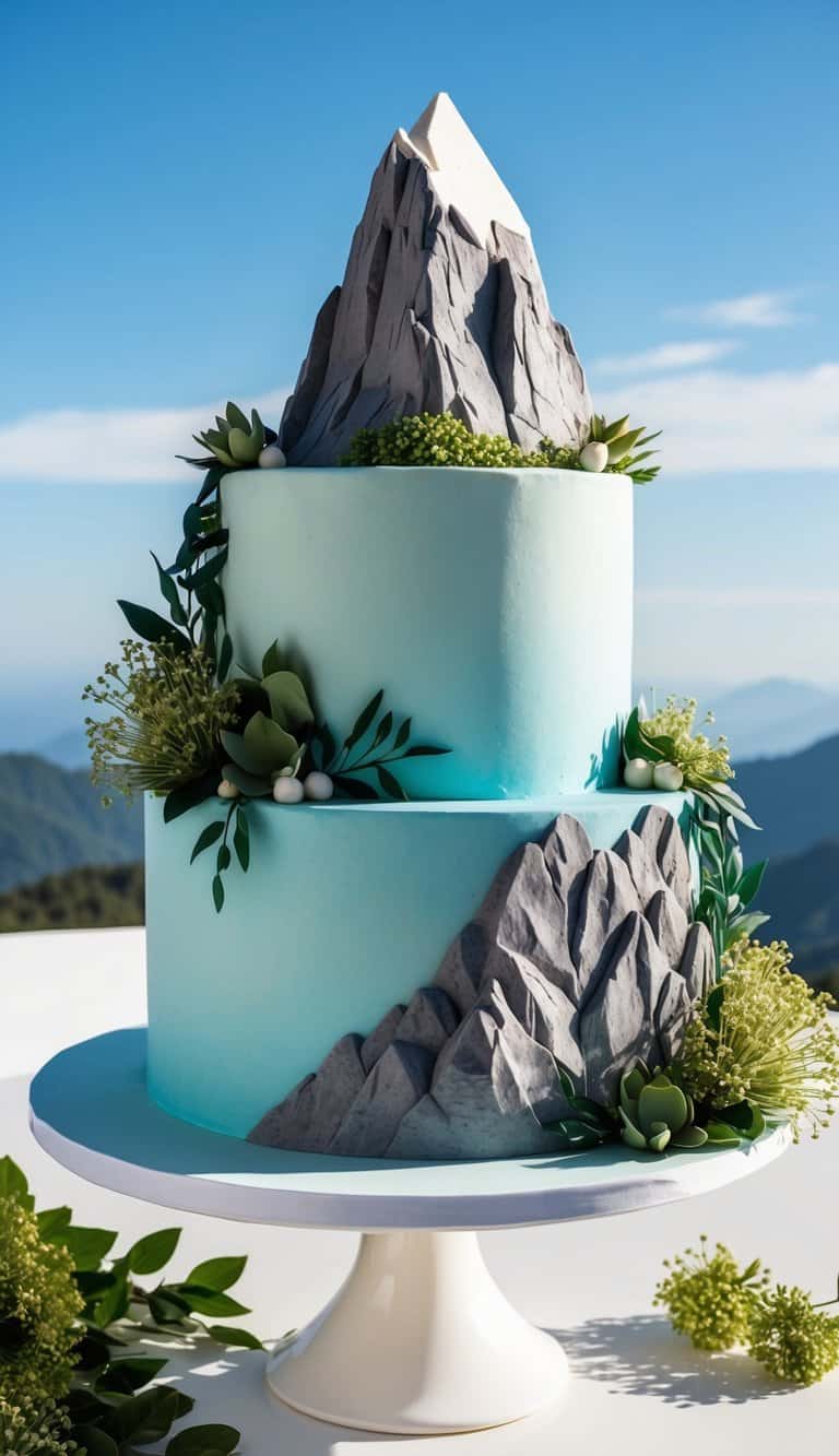 A rugged mountain peak with a challenging rock face, surrounded by lush greenery and a clear blue sky