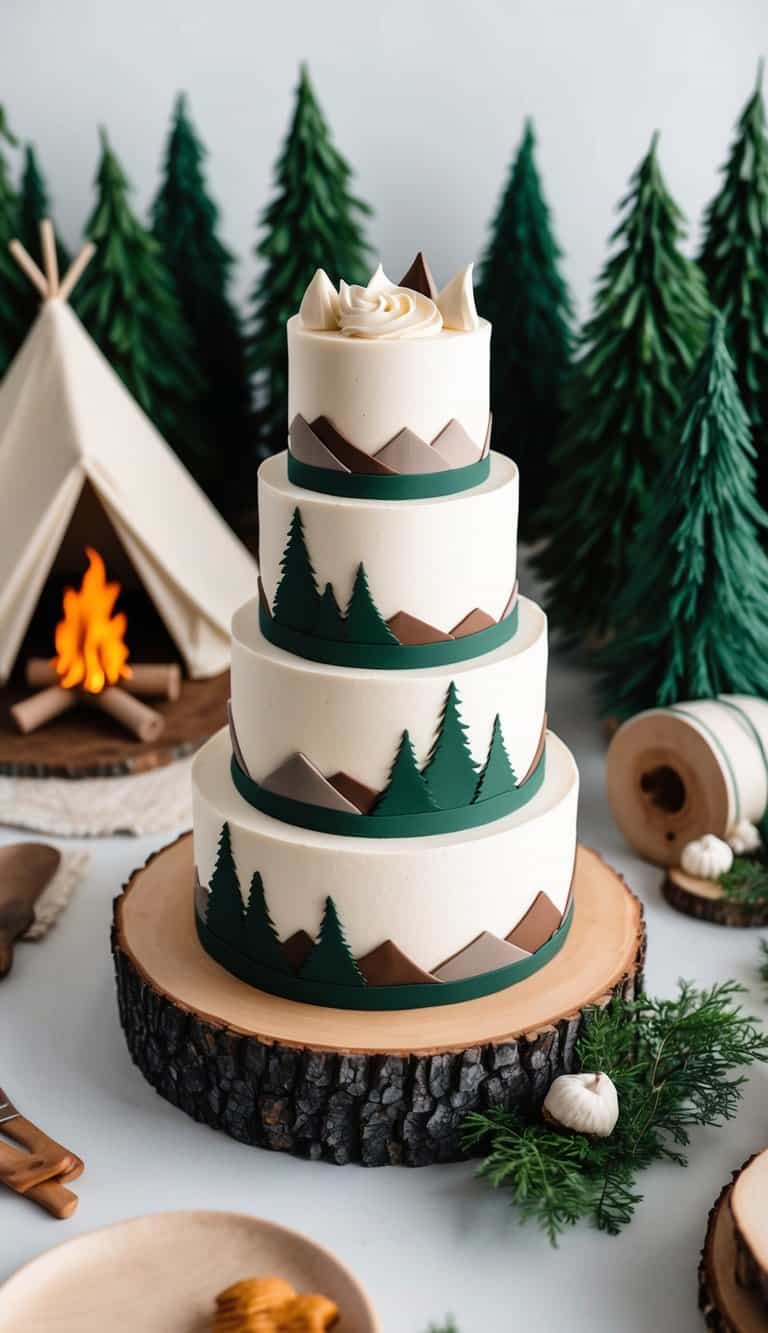 A rugged camping scene with a stylish groom cake as the centerpiece, surrounded by outdoor elements like trees, a campfire, and a tent