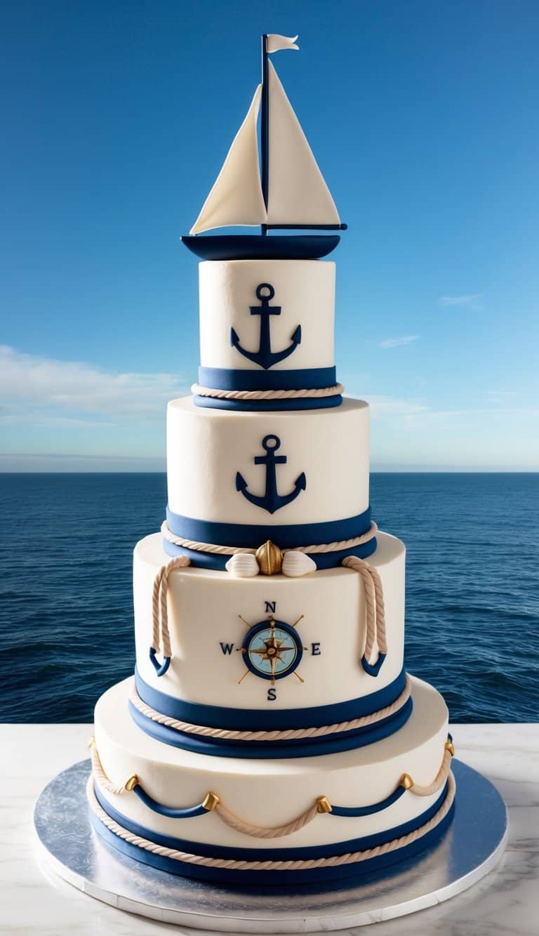 A sailing-themed groom's cake adorned with nautical elements like anchors, ropes, and compasses, set against a backdrop of a vast ocean and a clear blue sky