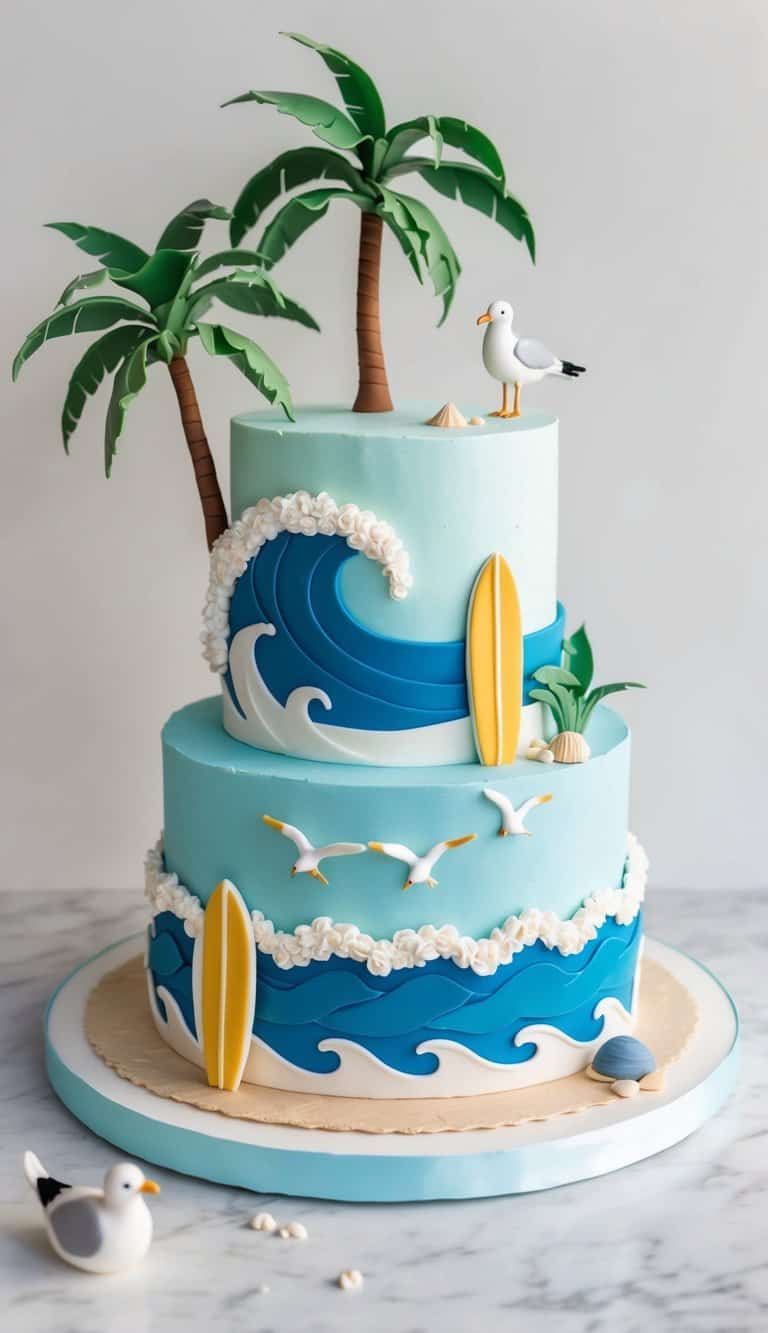 A two-tiered cake with a surfing theme, featuring waves, surfboards, and a beach scene with palm trees and seagulls