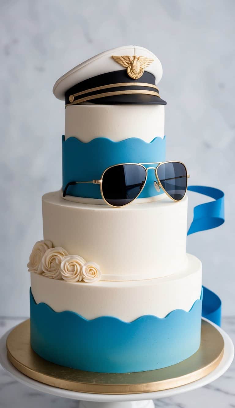 A pilot's hat, aviator sunglasses, and a model airplane on a groom cake