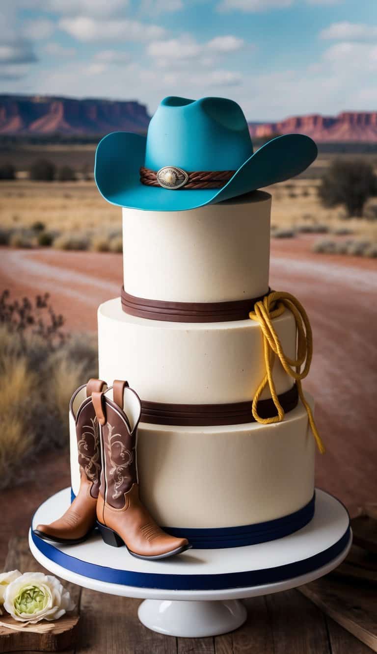 A cowboy-themed cake adorned with a wide-brimmed hat, lasso, and boots, set against a backdrop of a rustic western landscape