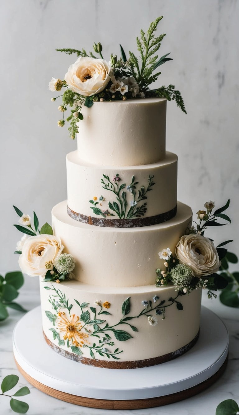 A garden enthusiast's groom cake adorned with floral decorations and intricate designs