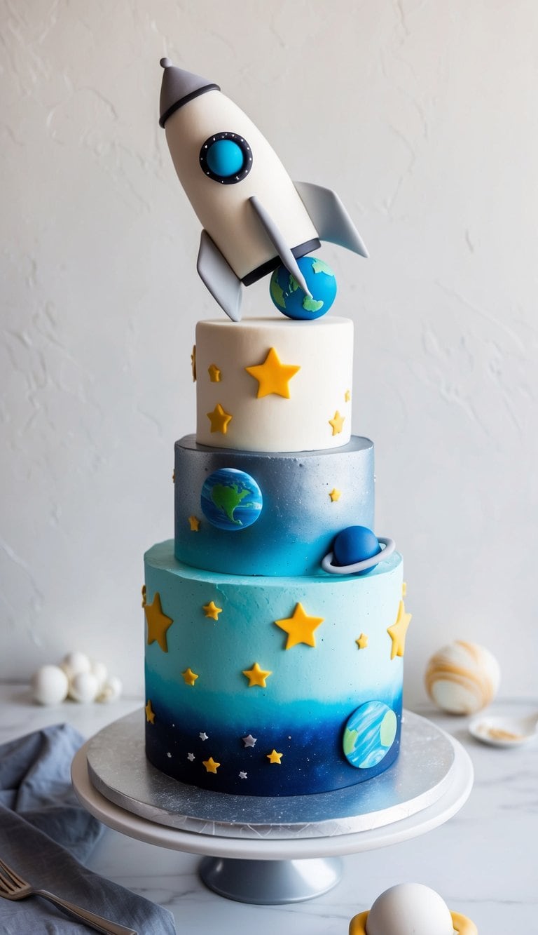A space explorer-themed cake adorned with stars, planets, and a sleek rocket ship atop a silver fondant base