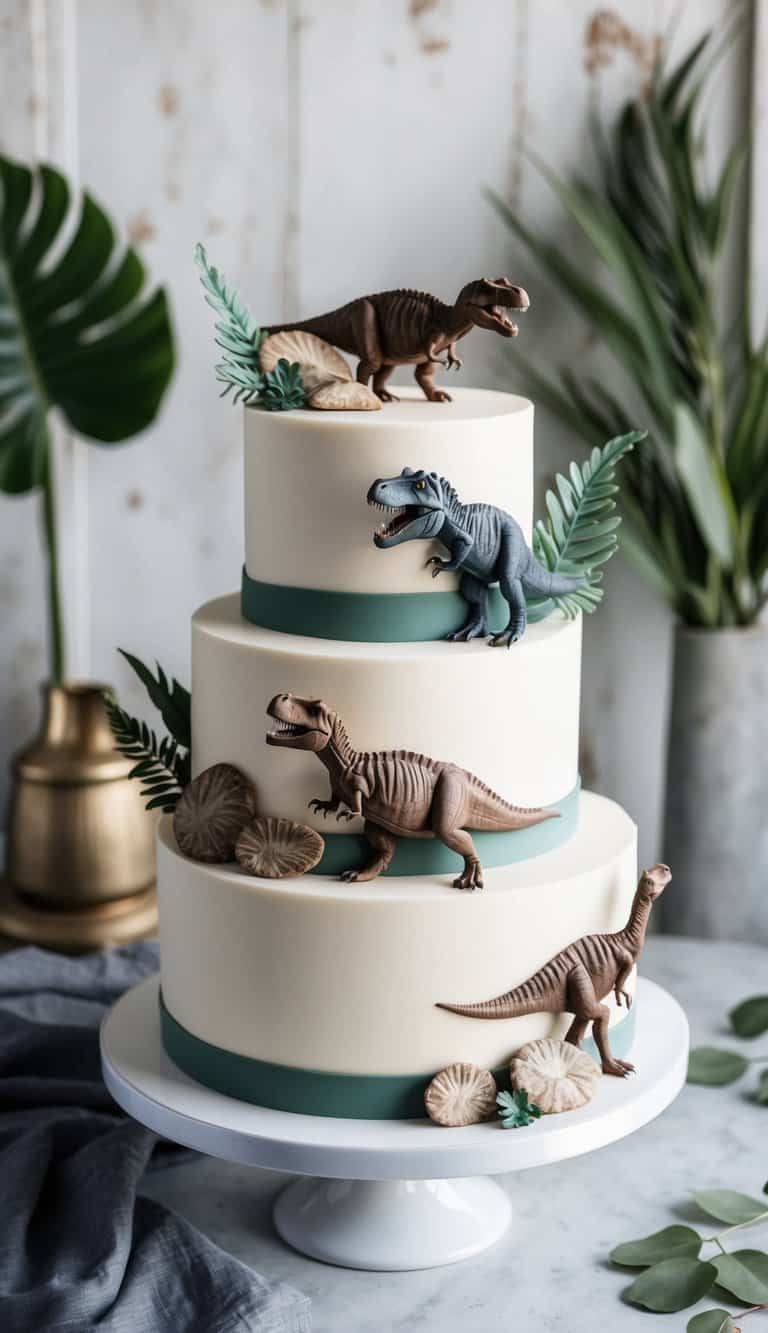A groom-themed cake adorned with dinosaur fossils and prehistoric elements, set against a backdrop of rustic and elegant decor