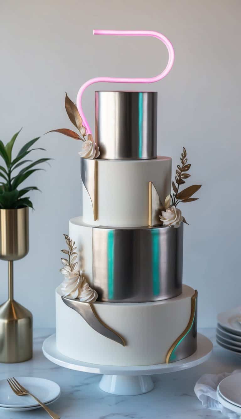 A sleek, futuristic cake adorned with metallic accents and neon lights, exuding a stylish and sophisticated vibe