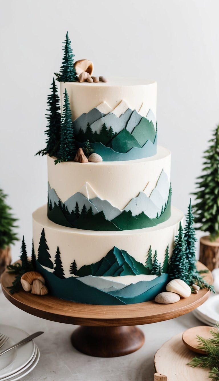 A rugged, wilderness-themed cake adorned with outdoor elements like trees, mountains, and wildlife