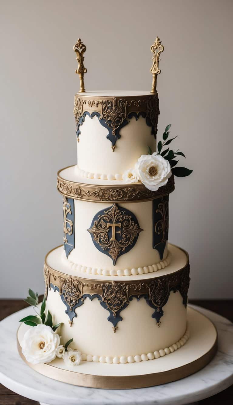A regal and ornate cake adorned with medieval motifs and intricate details fit for a Renaissance faire groom's celebration