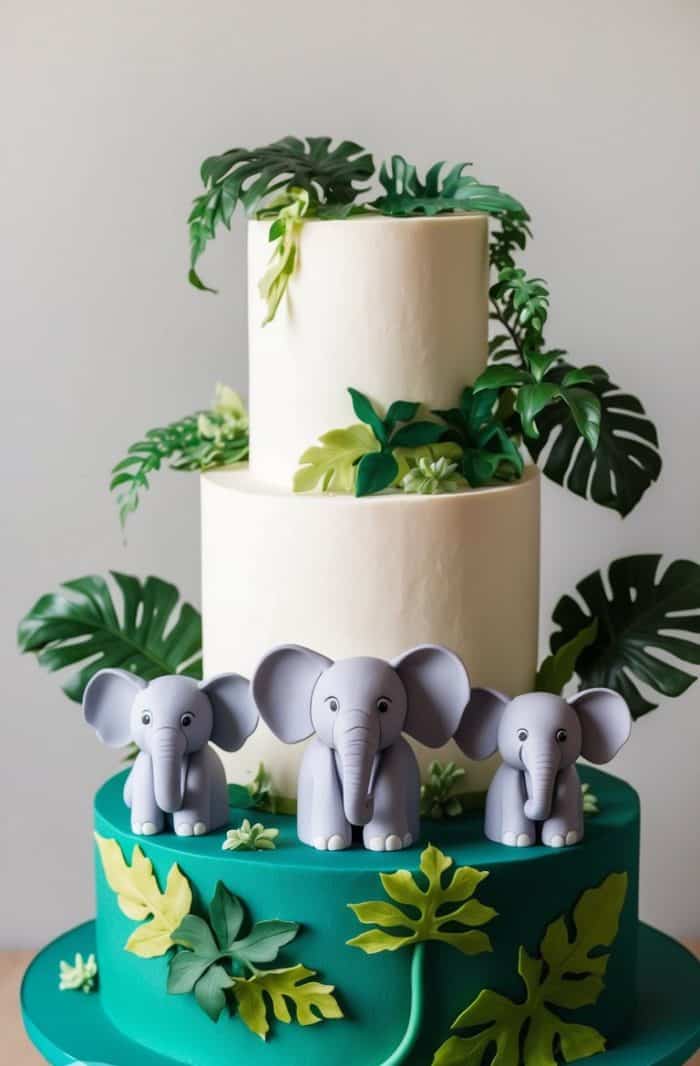 A three-tiered cake decorated with green tropical leaves and topped with three fondant elephants on the bottom tier. The cake features white and green layers and is displayed on a white stand.