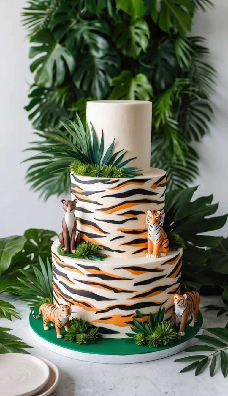 A jungle-themed cake with tiger-striped frosting surrounded by lush greenery and animal figurines