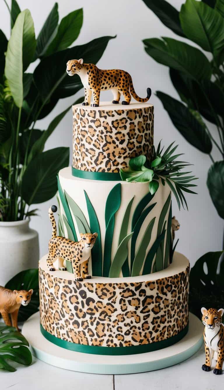 A cheetah print cake with jungle-themed decorations, surrounded by lush greenery and wild animal figurines