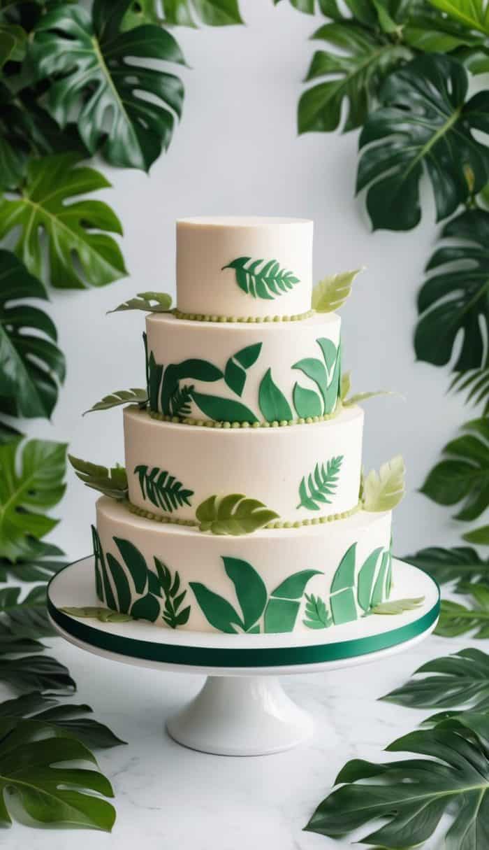 A four-tier white cake decorated with green tropical leaf designs, displayed on a white cake stand and surrounded by large green monstera leaves.