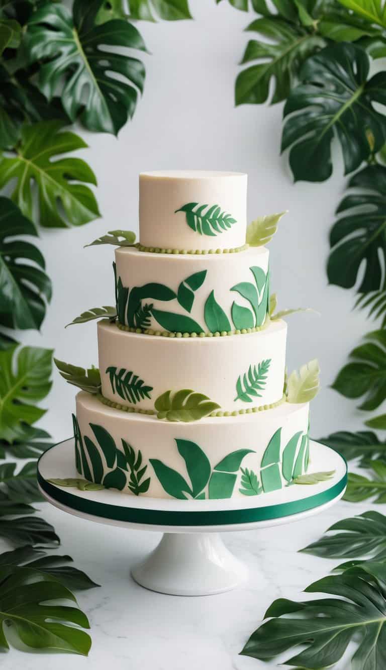 A jungle cake surrounded by lush greenery, with animal-shaped leaf stencils scattered around the edges