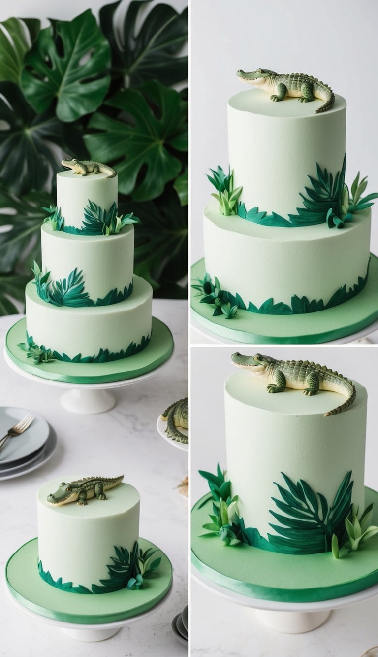 A crocodile-themed cake with lush jungle backdrop and animal decorations
