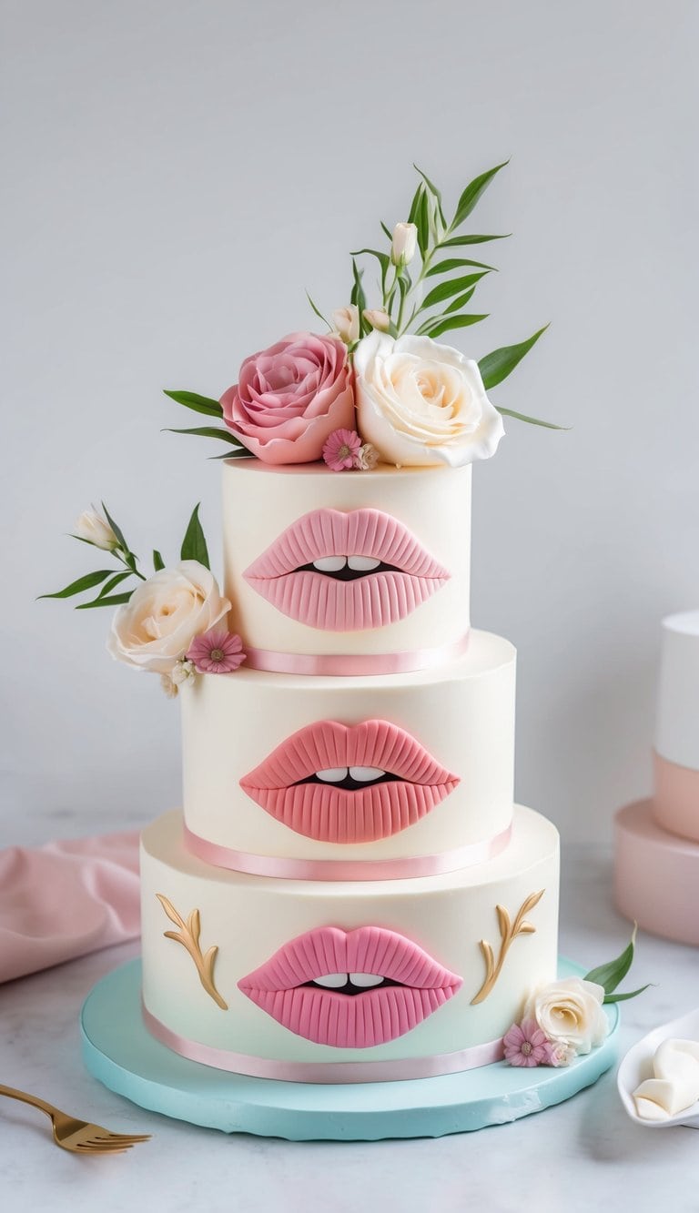 A glamorous cake adorned with edible lips in pastel colors