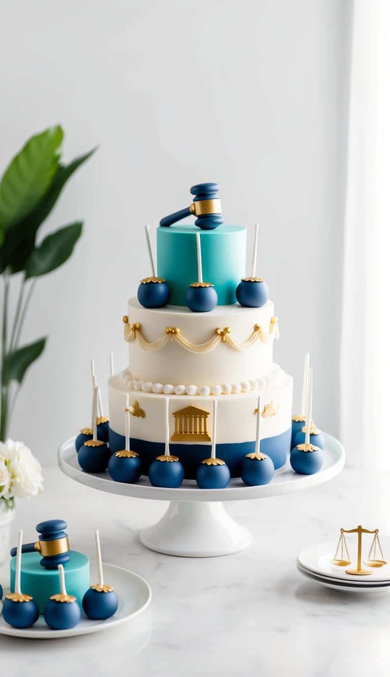 A table with law-themed cake pops, featuring gavels and scales of justice, arranged on a white platter