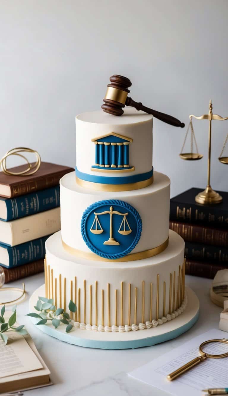 A cake decorated with a gavel and scales of justice surrounded by legal research materials and law-related objects