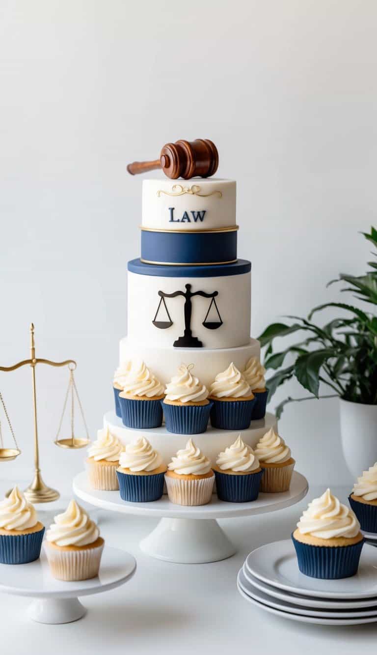 A table displaying law-themed cupcakes with gavel and scales decorations