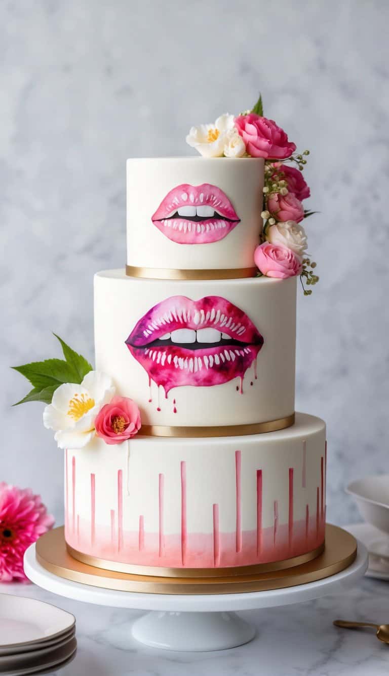 A glamorous cake decorated with edible lips in a watercolor effect