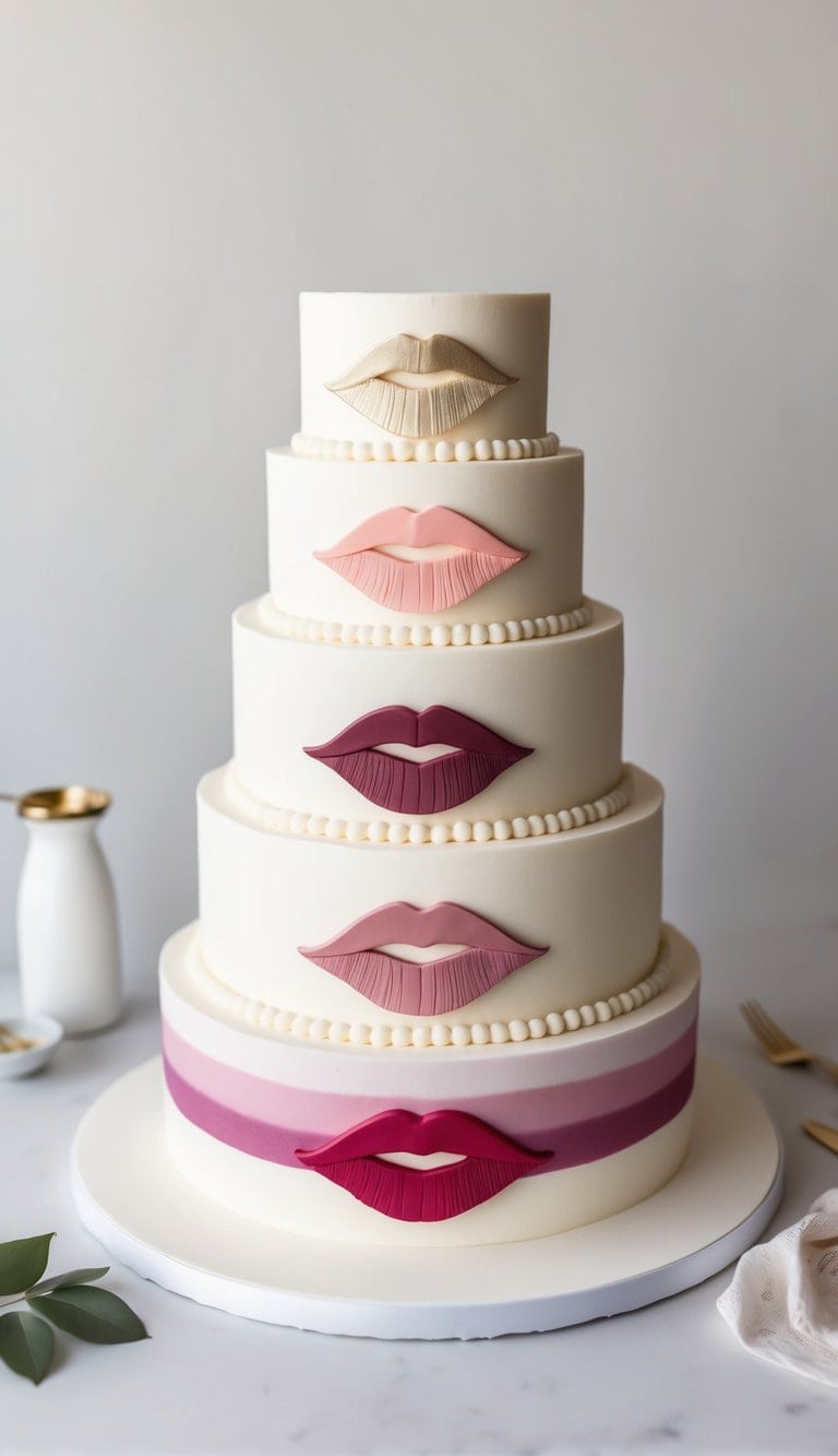 A tiered cake adorned with ombre lips in various shades, creating a chic and glamorous look