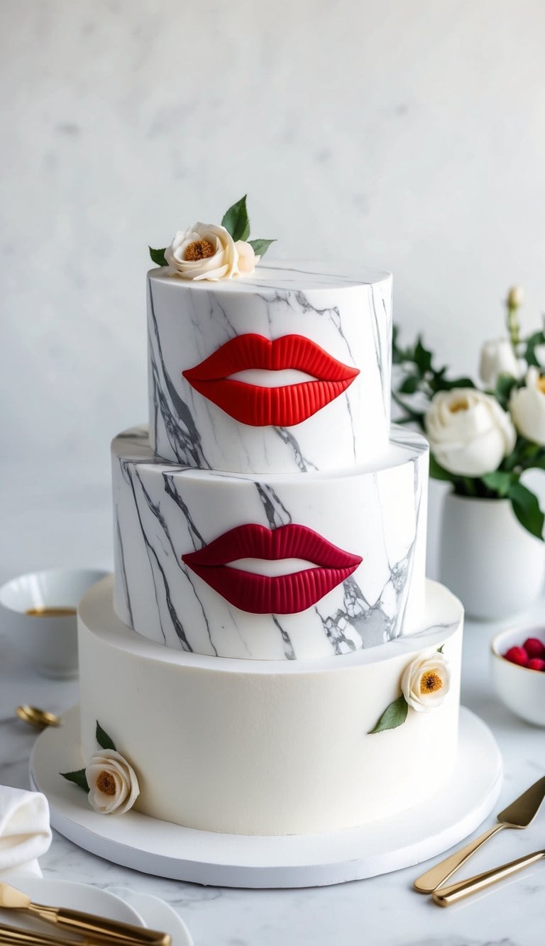 A marble fondant surface with edible lips in chic cake design