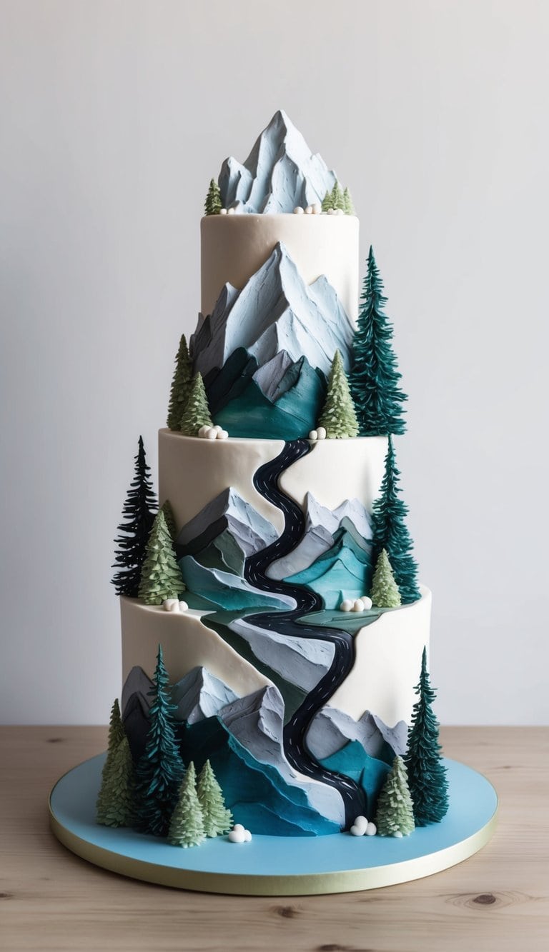 A towering mountain cake adorned with snow-capped peaks, pine trees, and a winding river cutting through the rugged landscape