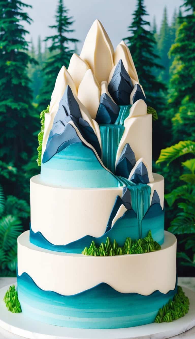 A towering mountain cake set against a backdrop of lush green forests, with rocky peaks and cascading waterfalls