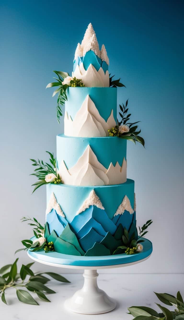 A towering mountain cake adorned with snow-capped peaks and lush greenery, set against a gradient blue backdrop to create a sense of depth