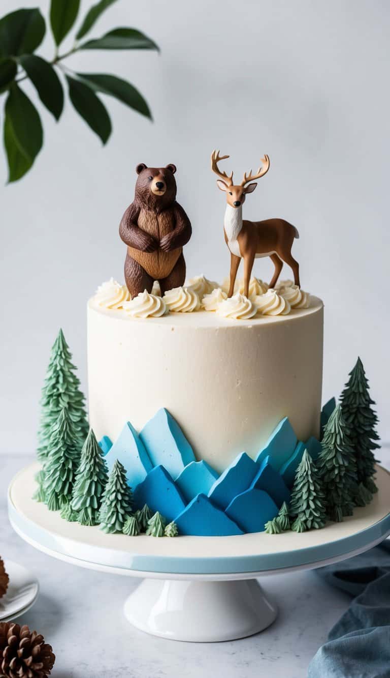 A bear and deer figurine stand amidst rocky frosting peaks on a mountain-themed cake