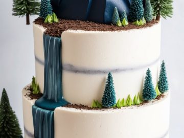 A two-tier cake with white frosting features a mountain made of fondant on top, adorned with chocolate peaks. A blue fondant waterfall cascades down the side, surrounded by green fondant trees, with more tree models on the table.