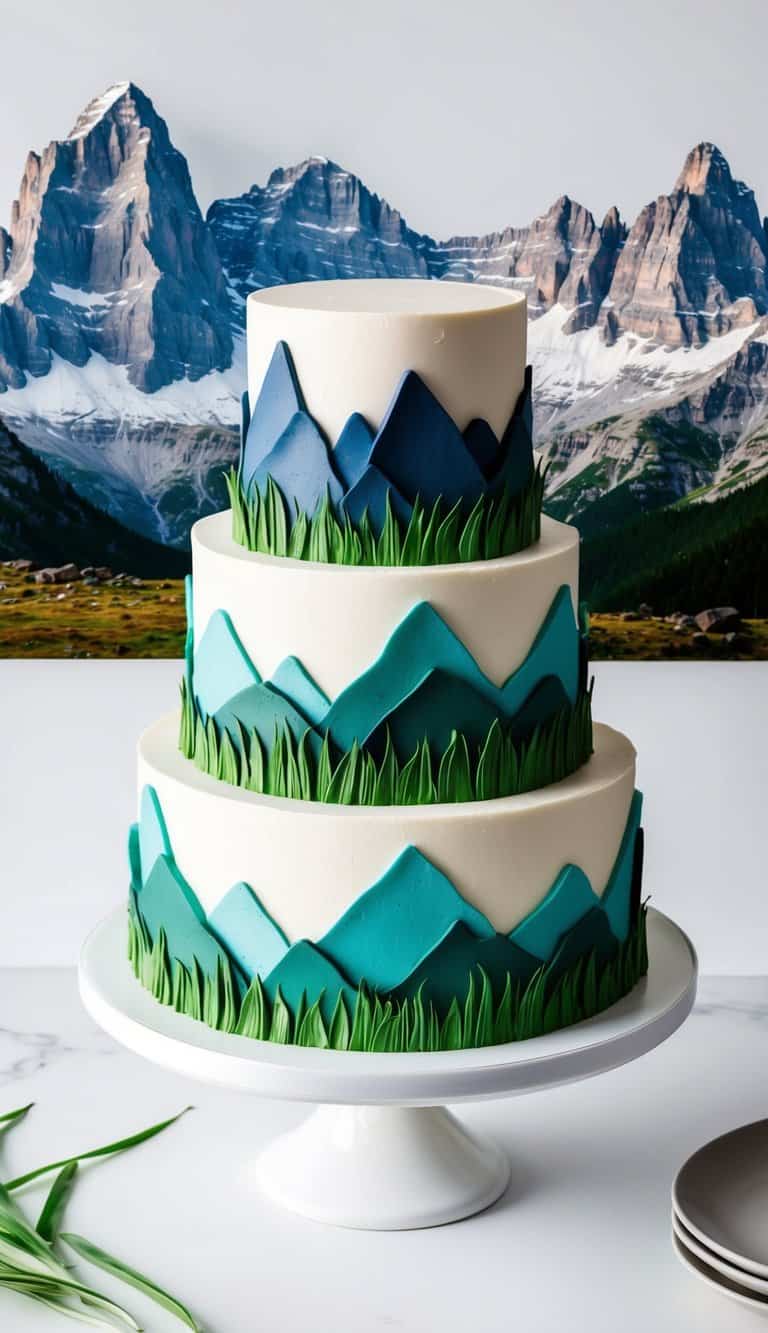 A majestic mountain cake with green food coloring for grass, surrounded by rugged peaks and a scenic landscape