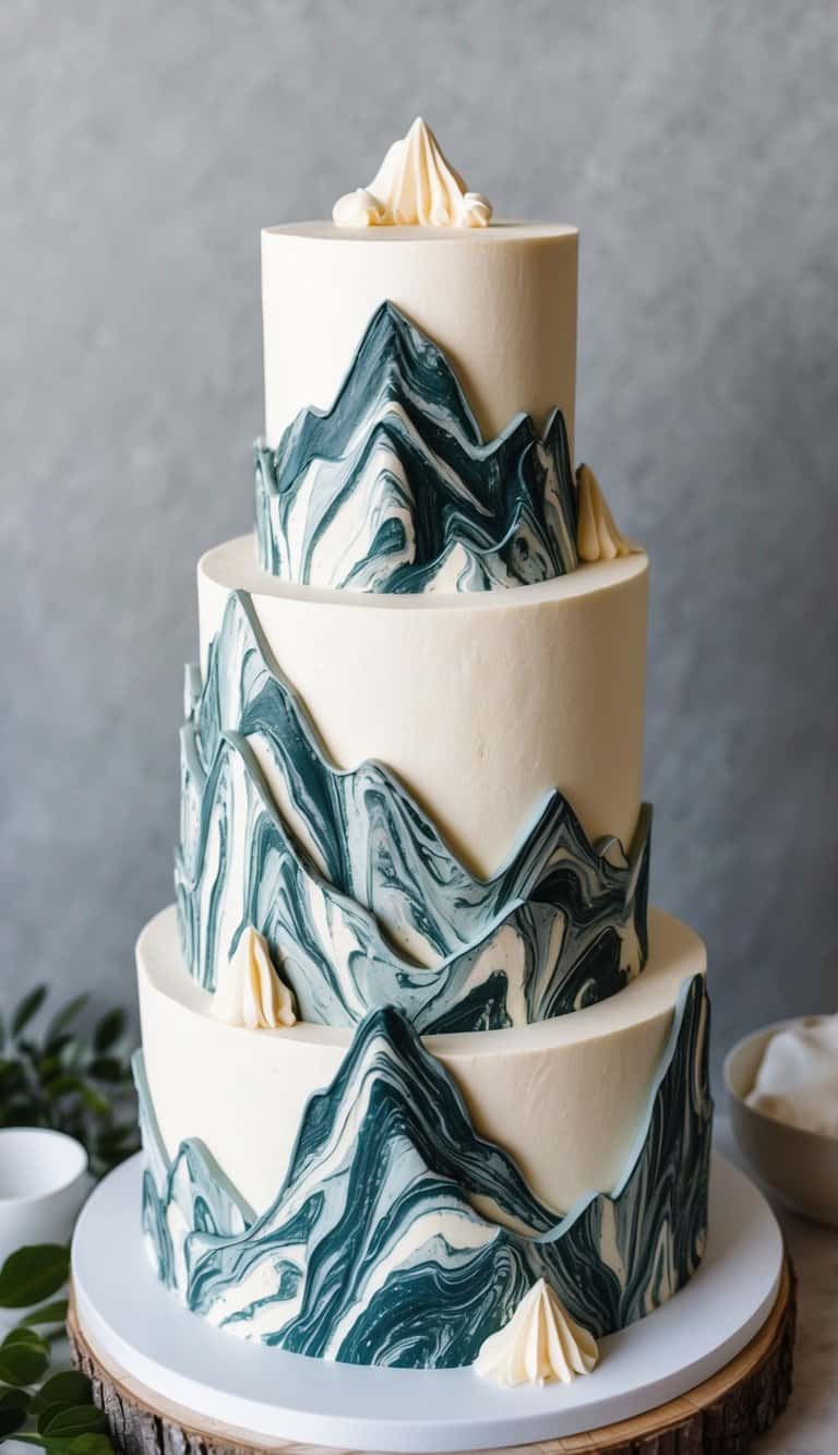 A towering mountain cake adorned with marbled fondant, creating a rugged and realistic rock texture