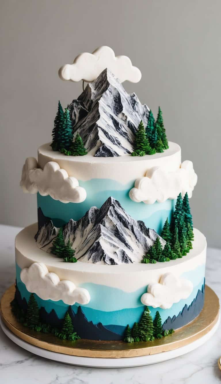 Rugged mountain cake adorned with edible clouds, nestled in a scenic landscape