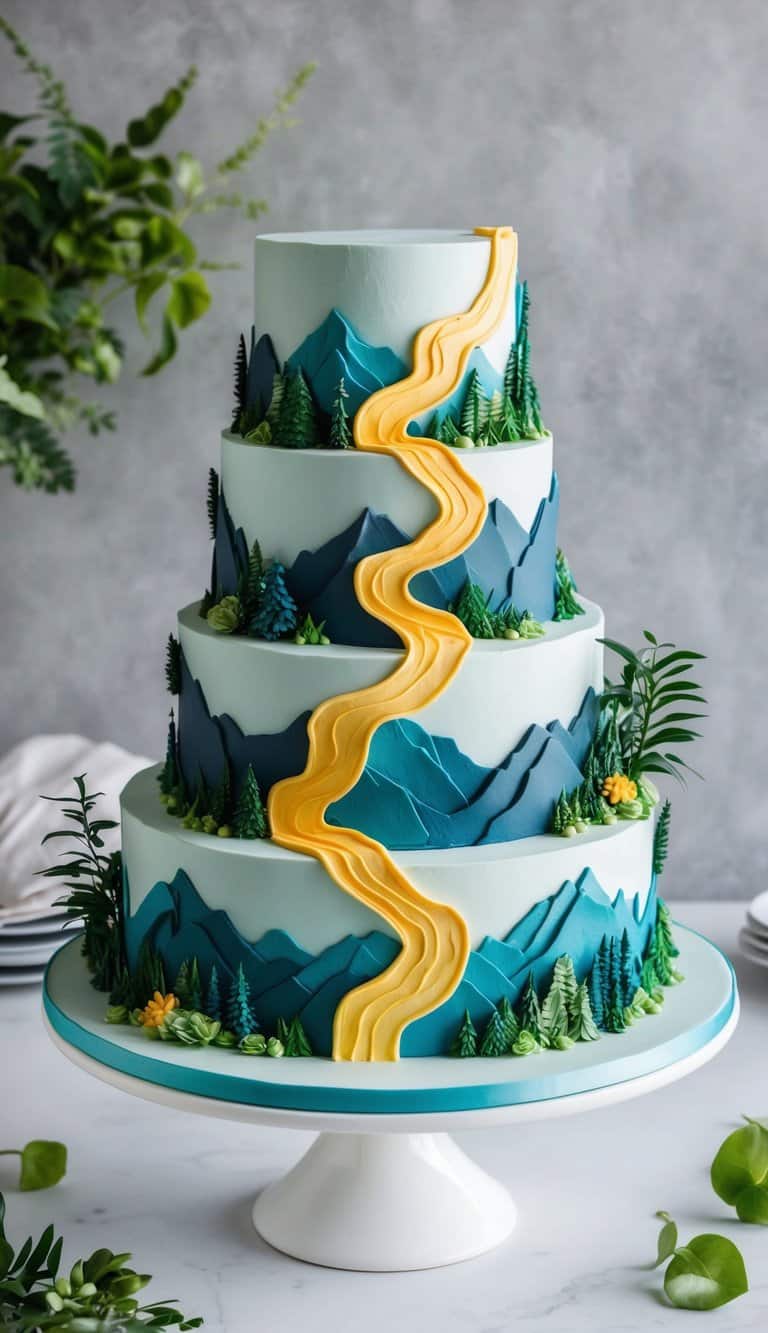 A majestic mountain range with winding trail paths made of fondant, surrounded by rugged terrain and lush greenery
