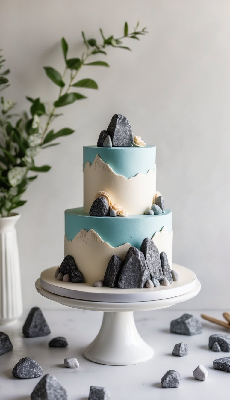 A rocky terrain with candy rocks scattered around, resembling a rugged mountain landscape