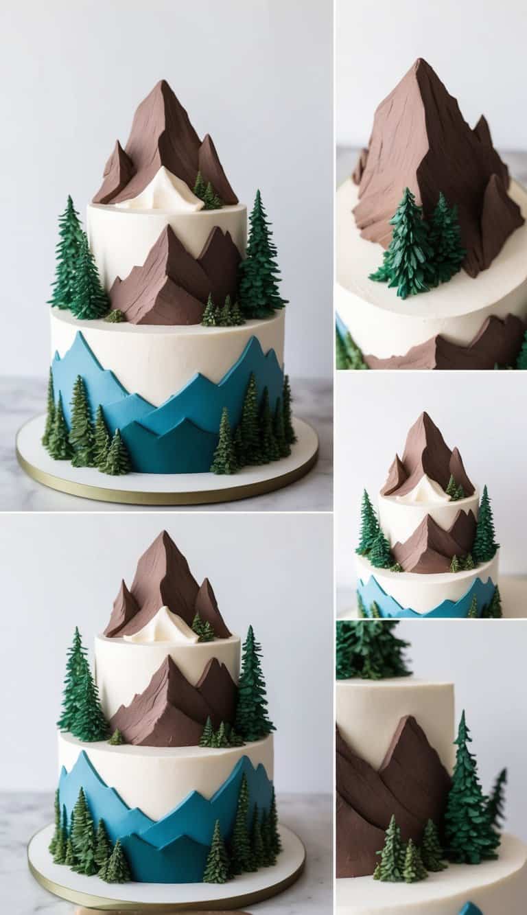 Scenic mountain cake with rugged peaks, pine trees, and a river, all depicted using brown food coloring for tree trunks